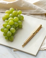Capturing the essence of green grapes with a gold pen on cream paper in soft morning light with linen accents.