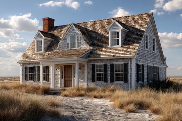 Whitewashed Stone House in Dry Grassland Under Partly Cloudy Sky