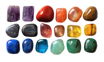 Array of polished gemstones in various colors