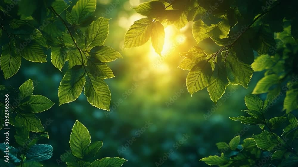 Poster sunlit foliage: sunlight streams through lush green leaves, creating a vibrant display of nature's b