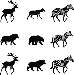 Minimalist Wildlife Silhouettes of Mammals in Grid Layout  Deer Elk Bears and More in Graphic Style