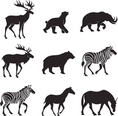 Black Animal Silhouette Grid Featuring Deer Bears Zebras and Horses in Profile on White Background