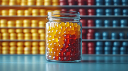 Jar of colorful capsules on table, shelves of pills in background