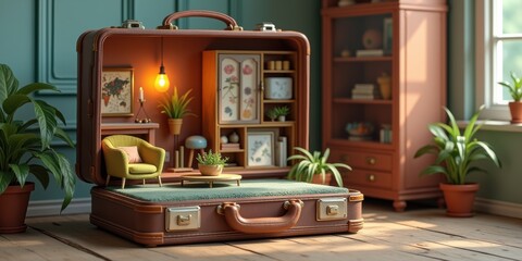 A creative display of a vintage suitcase transformed into a cozy room scene, featuring plants, furniture, and warm lighting, perfect for travel-themed designs.