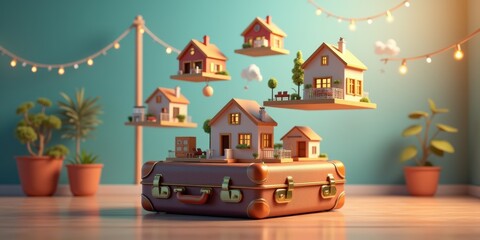 A whimsical scene showcasing miniature floating houses above a vintage suitcase, surrounded by potted plants, creating a sense of adventure and imagination in home design.