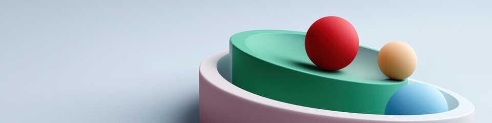 Abstract geometric shapes composition with red, green, and blue spheres on gradient background