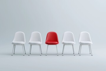 Obraz premium Minimalist interior design with red accent chair among white chairs