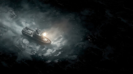 Naval patrol boat spotlighting suspicious vessel in dark waters