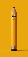Smiling cartoon pencil with googly eyes on vibrant orange background