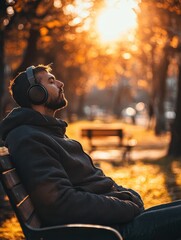 person sitting alone on park bench wearing headphones eyes closed lost in music with sunshine casting warm glow scene
