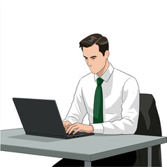 Man in white shirt at grey desk types on black laptop wearing green tie