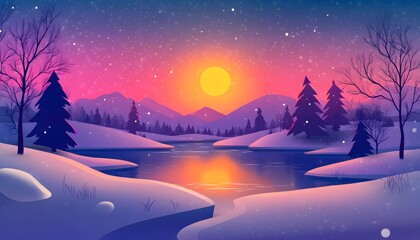 Fototapeta premium Winter landscape with a serene lake at sunset.