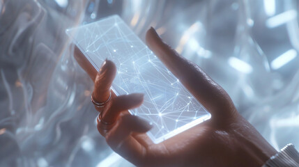 Close-up of a hand holding a sleek transparent phone