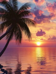 Obraz premium Tropical Paradise Sunset: Palm trees silhouette against a vibrant sky as the sun dips below the horizon, casting a warm glow over a tranquil ocean scene. The image evokes a sense of peace and tranqui