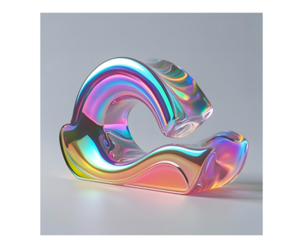 Iridescent 3D abstract object in the shape of a wave with a glass-like gradient and fluid organic form. Rendered on a white background—perfect for modern design, branding, tech visuals, UI elements, o