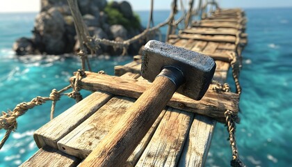 Fototapeta premium A metal hammer rests on a weathered wooden walkway over turquoise water.