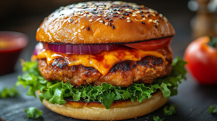Juicy cheeseburger with toppings on wooden board, rustic background
