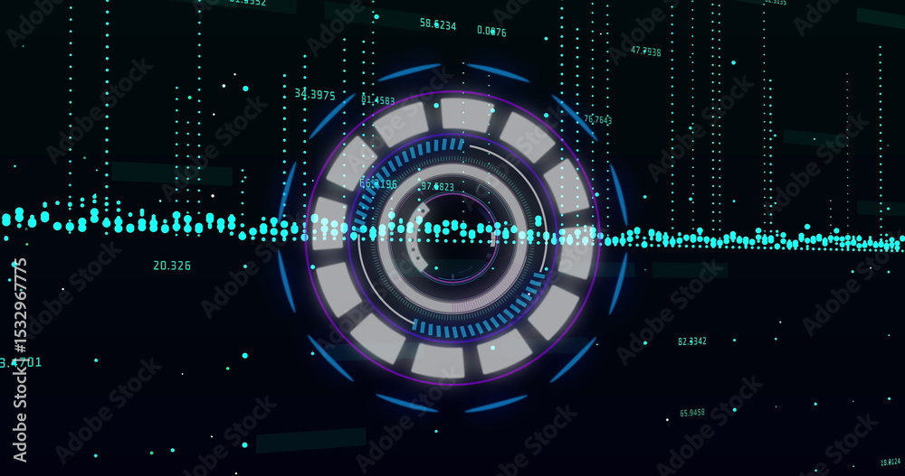 Poster animating central circular hud interface on dark grid, with waveform data streams and readouts