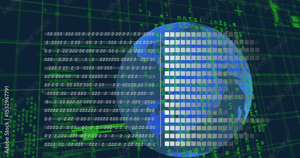 Poster revolving globe in data environment, with white square blocks, binary code, green alphanumeric grid