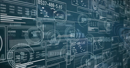 Image of data processing and media icons over blue background