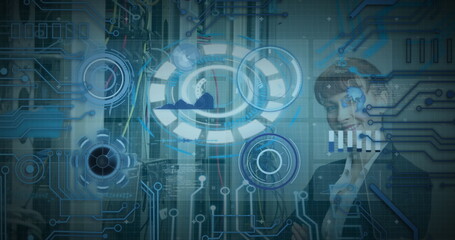 Image of 5g text banner and round scanners over caucasian female engineer at server room