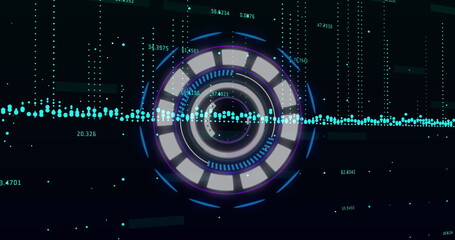 Animating central circular HUD interface on dark grid, with waveform data streams and readouts