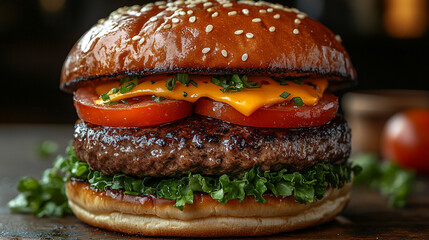 Juicy Cheeseburger with Toppings on Wooden Table in Restaurant