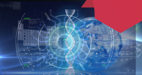 Rotating central 3D DNA helix in digital interface, with periodic table grid and world map globe