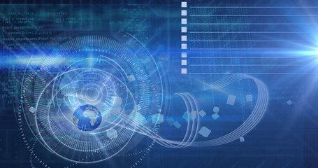 Displaying translucent blue globe encircled by HUD rings in virtual command center, data streams