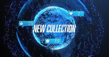 Showing globe floating in network backdrop, showing NEW COLLECTION and feedback icon counts 25 or 15