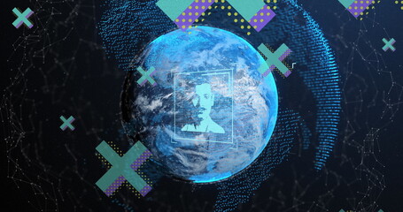 Obraz premium Displaying central Earth globe rotating in data grid, with recognition frame, glowing dots, X icons
