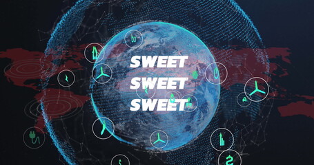Displaying central globe glowing at data network, with green energy icons and SWEET text overlay