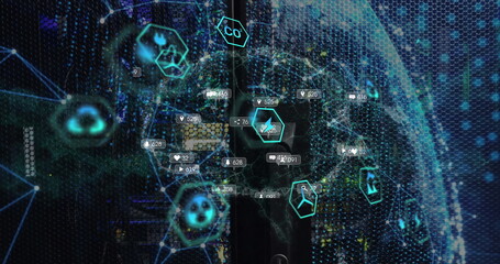 Displaying global data network tracking environmental metrics in dashboard with neon hexagon icons