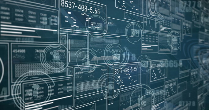 Image of data processing and media icons over blue background - Powered by Adobe