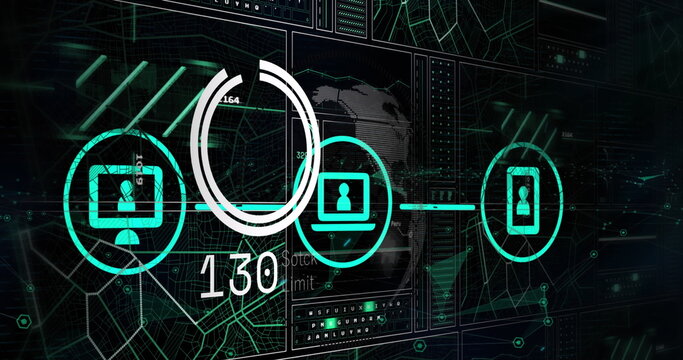 Displaying desktop, laptop, smartphone icons syncing data on UI, with circular progress bar