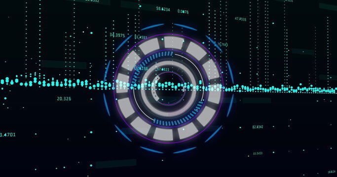 Animating central circular HUD interface on dark grid, with waveform data streams and readouts