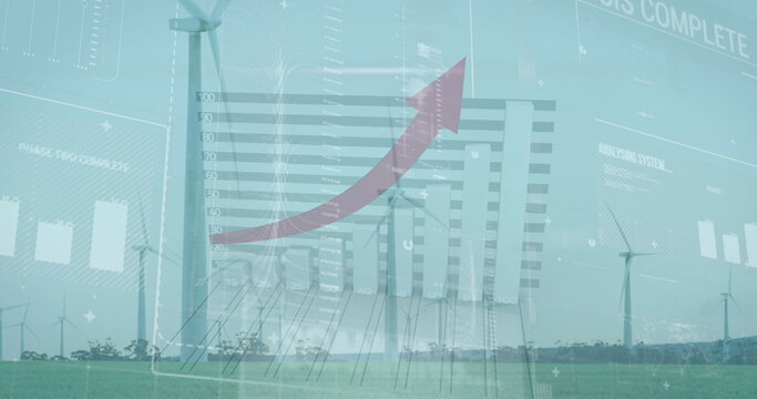 Image of statistical data processing over spinning windmills on grassland against blue sky