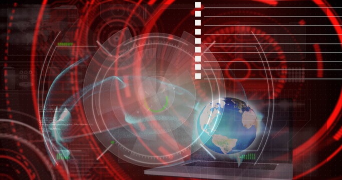 Holographic Earth globe floating in control center on grid, with laptop keyboard and HUD reticles