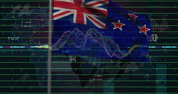 Naklejki New Zealand flag waving in map dashboard, with grid lines hexagon overlays and line graphs