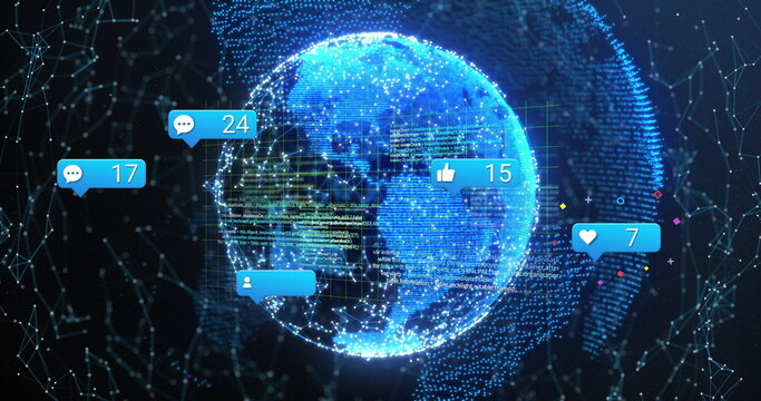 Showing digital network globe glowing in dark digital matrix, with code and blue social media icons - Powered by Adobe
