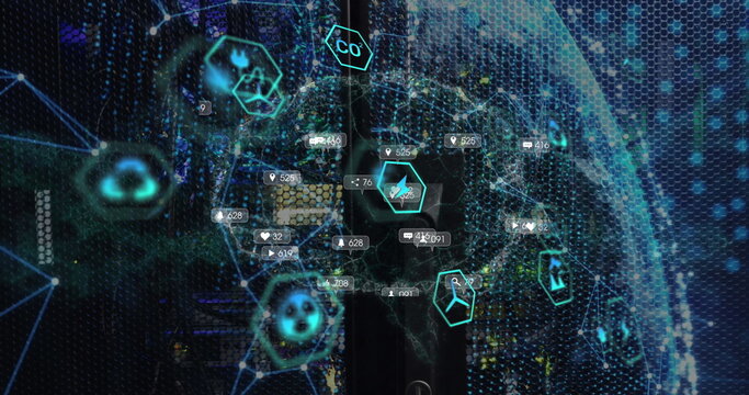 Displaying global data network tracking environmental metrics in dashboard with neon hexagon icons - Powered by Adobe