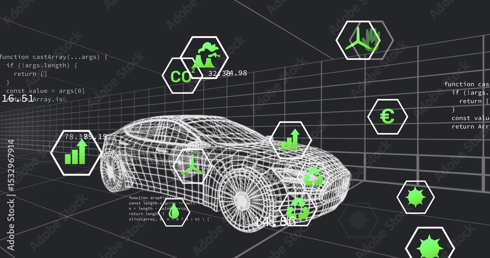 Aufkleber displaying wireframe car model rotating in grid in virtual studio, showing floating hex icons, code
