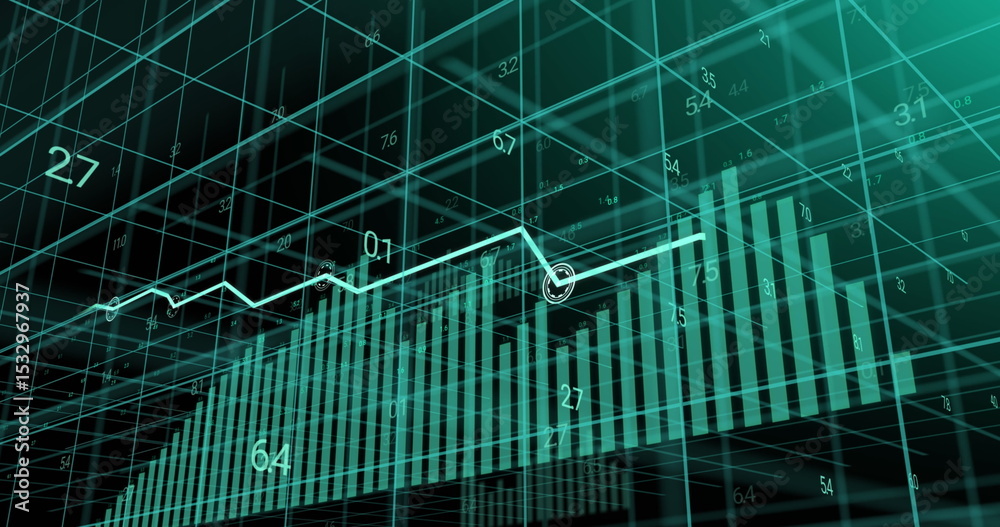 Poster displaying turquoise 3d bar chart in grid space, with glowing white line graph and numeric labels