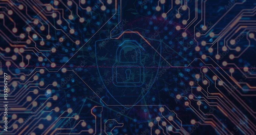 Poster displaying padlock icon within shield amid digital circuit traces, nodal points and abstract matrix