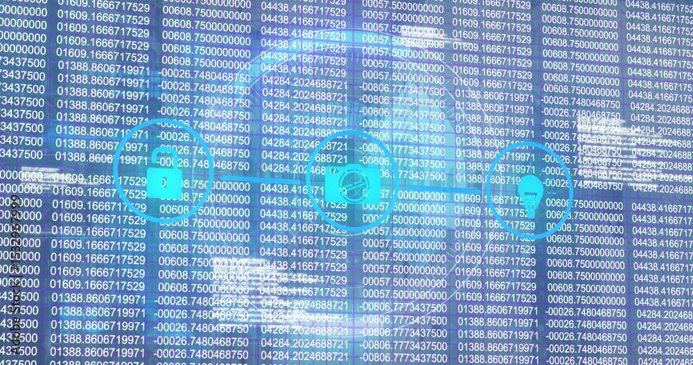 Poster displaying padlock, computer and location pin icons on horizontal line over data columns on screen