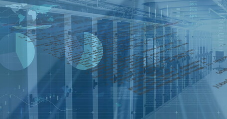 Displaying server racks streaming live analytics in data center aisle, with digital overlay charts