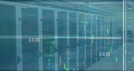 Displaying central server cabinets and cable trays in data center corridor, with data overlays