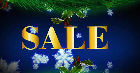 Glittering golden SALE letters shining on blue gradient, framing snowflakes, holly and pine needles