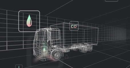 Displaying wireframe semi truck trailer in grid simulation, with floating fuel drop and CO2 icons
