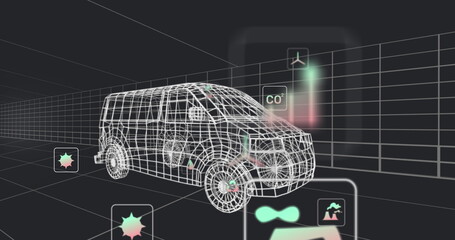 Displaying wireframe van model rotating within 3D grid, with CO? icon and wind turbine symbol